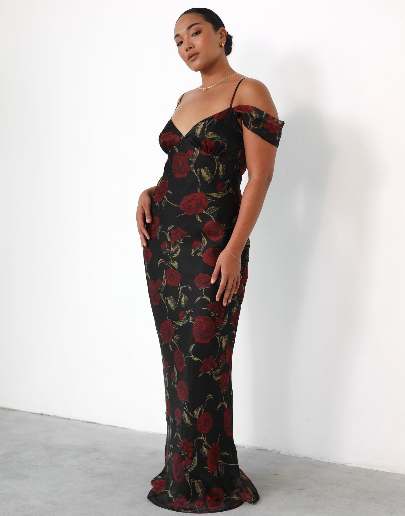 Lily Maxi Dress (Black Floral) - Floral Pattern V-Neck Draped Sleeve Maxi - Women's Dress - Charcoal Clothing