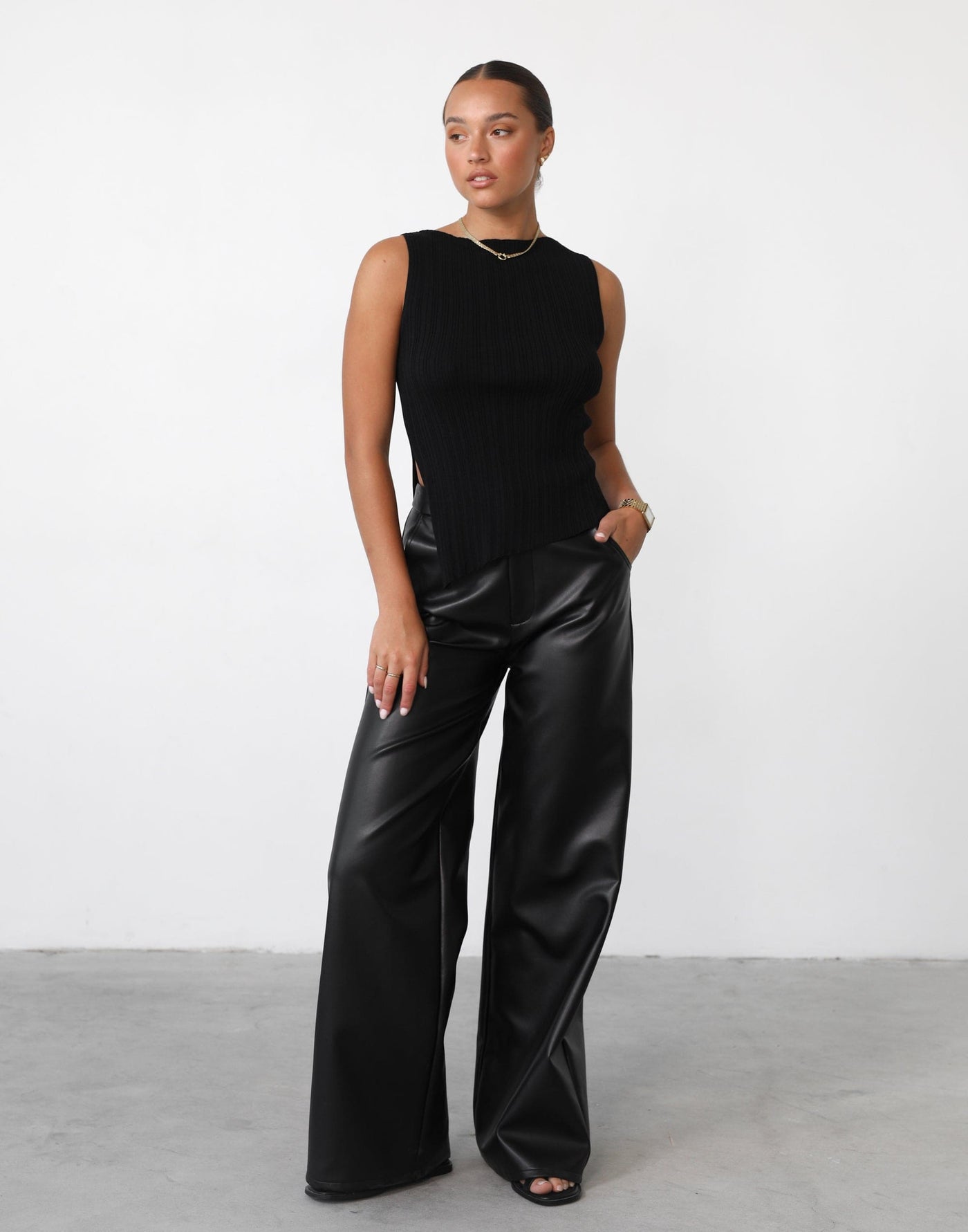Kienna Top (Black) - Asymmetrical Ribbed Sleeveless Top - Women's Top - Charcoal Clothing