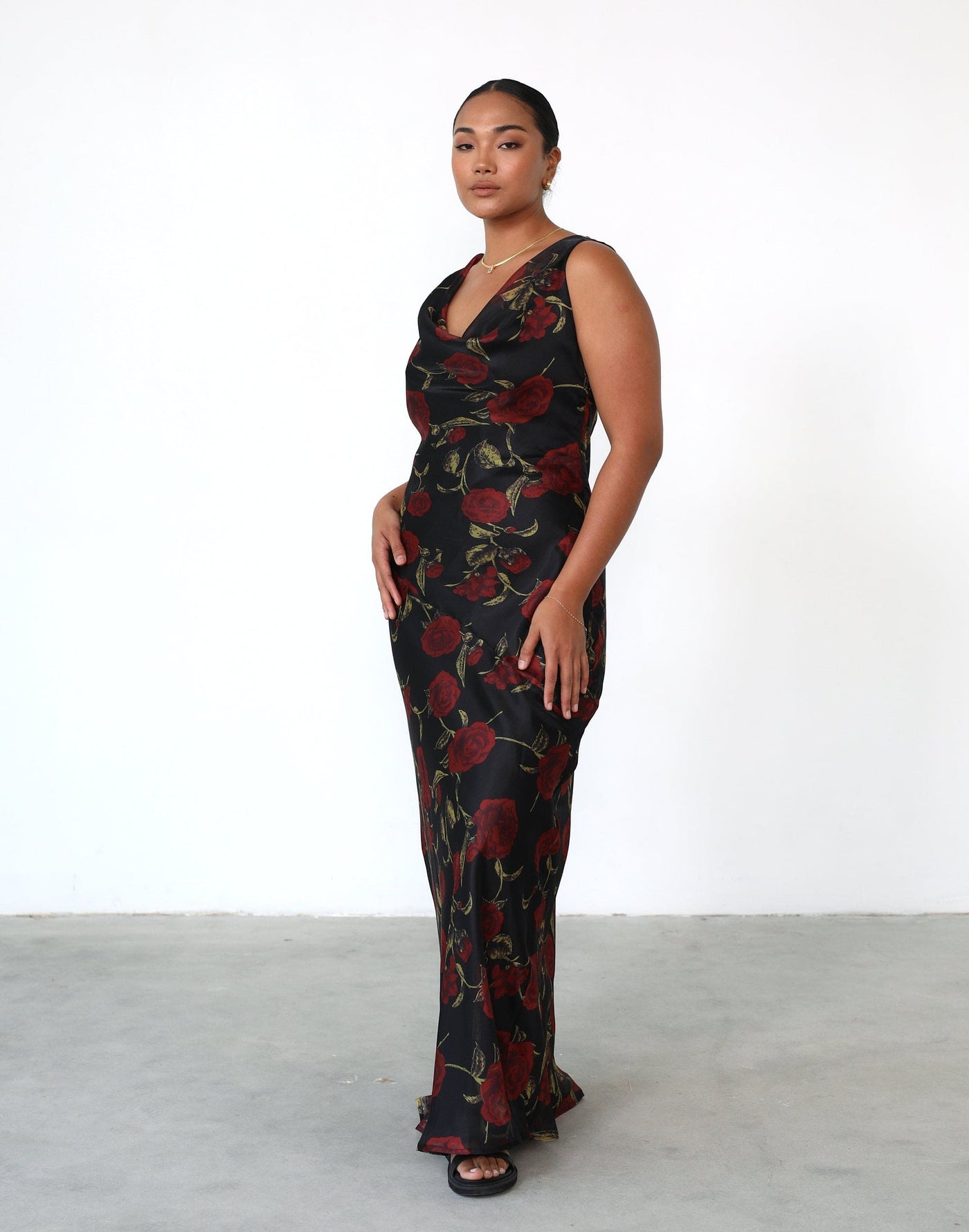 Imogen Maxi Dress (Black Floral) - Cowl Neck Low Back Maxi Dress - Women's Dress - Charcoal Clothing