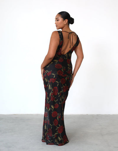 Imogen Maxi Dress (Black Floral) - Cowl Neck Low Back Maxi Dress - Women's Dress - Charcoal Clothing