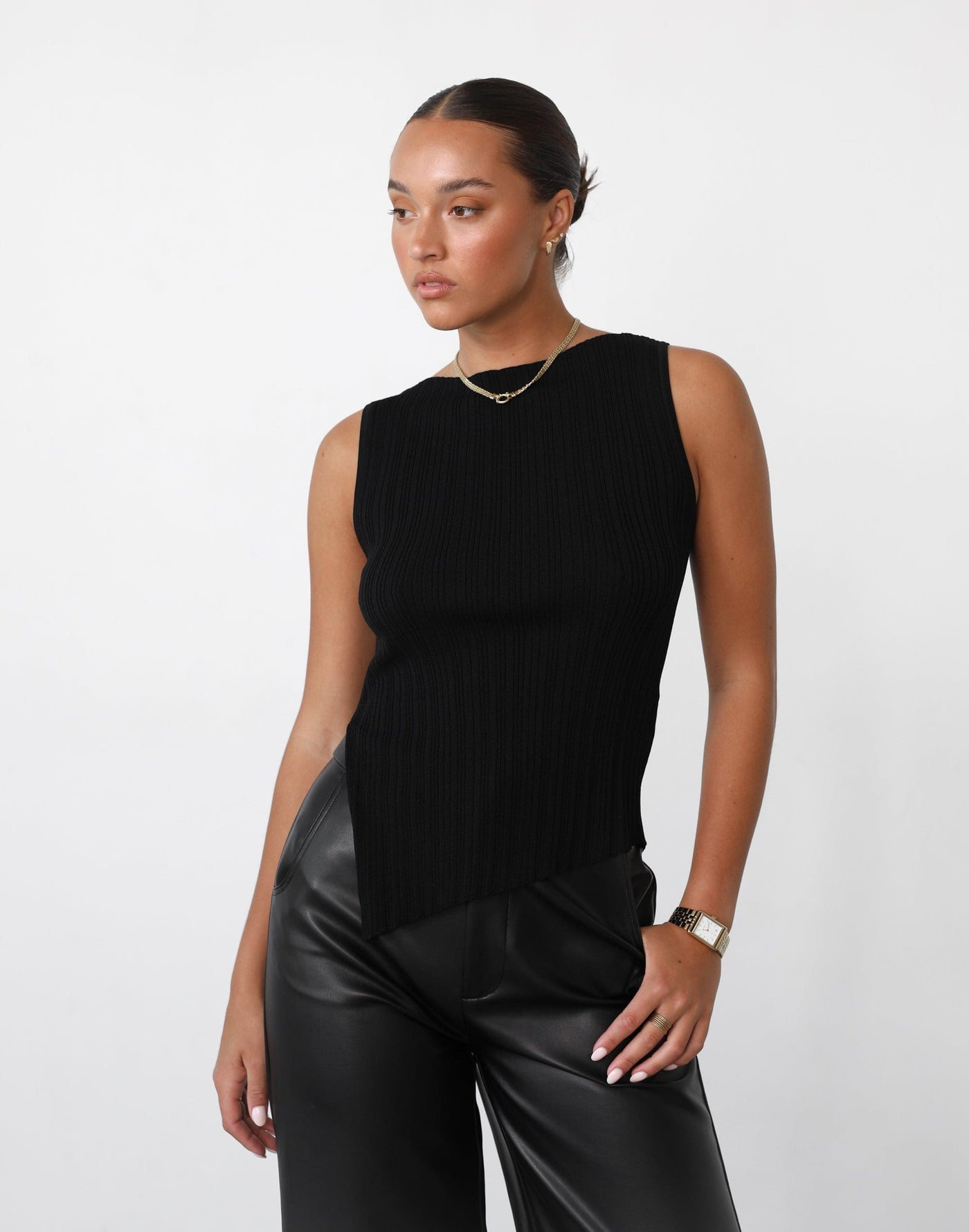 Kienna Top (Black) - Asymmetrical Ribbed Sleeveless Top - Women's Top - Charcoal Clothing