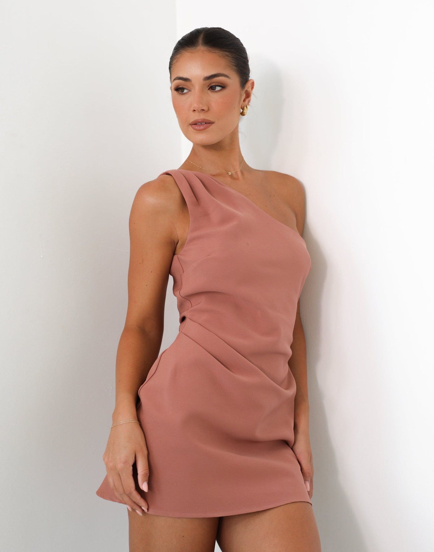 Caroline Mini Dress (Dusty Rose) - One Shoulder Mini Dress - Women's Dress - Charcoal Clothing