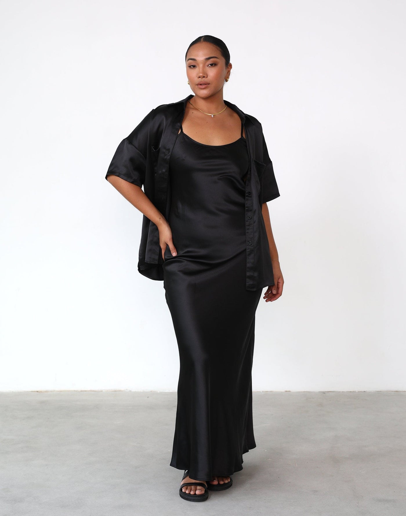 Martha Maxi Dress (Black) - Satin Adjustable Strap Slip Dress - Women's Dress - Charcoal Clothing