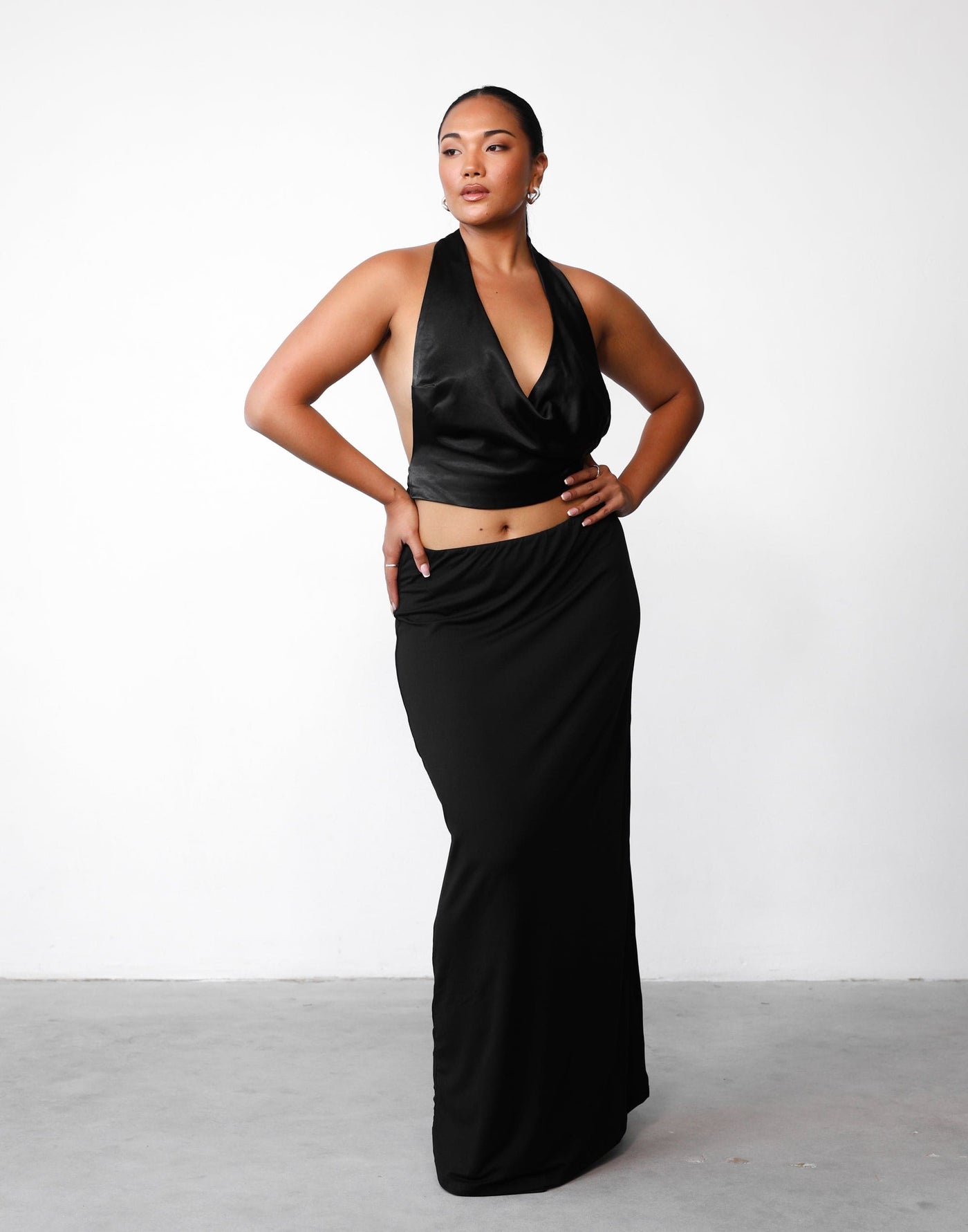 Heidi Halter Top (Black) | Charcoal Clothing Exclusive - Cowl Neck Backless Satin Top - Women's Top - Charcoal Clothing