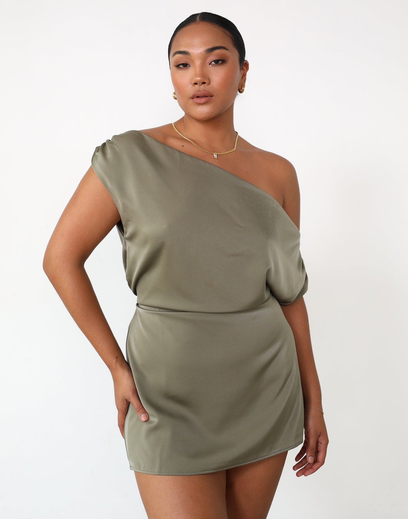 Viviana Mini Dress (Burnt Olive) - Satin Adjustable Waist Dress - Women's Dress - Charcoal Clothing