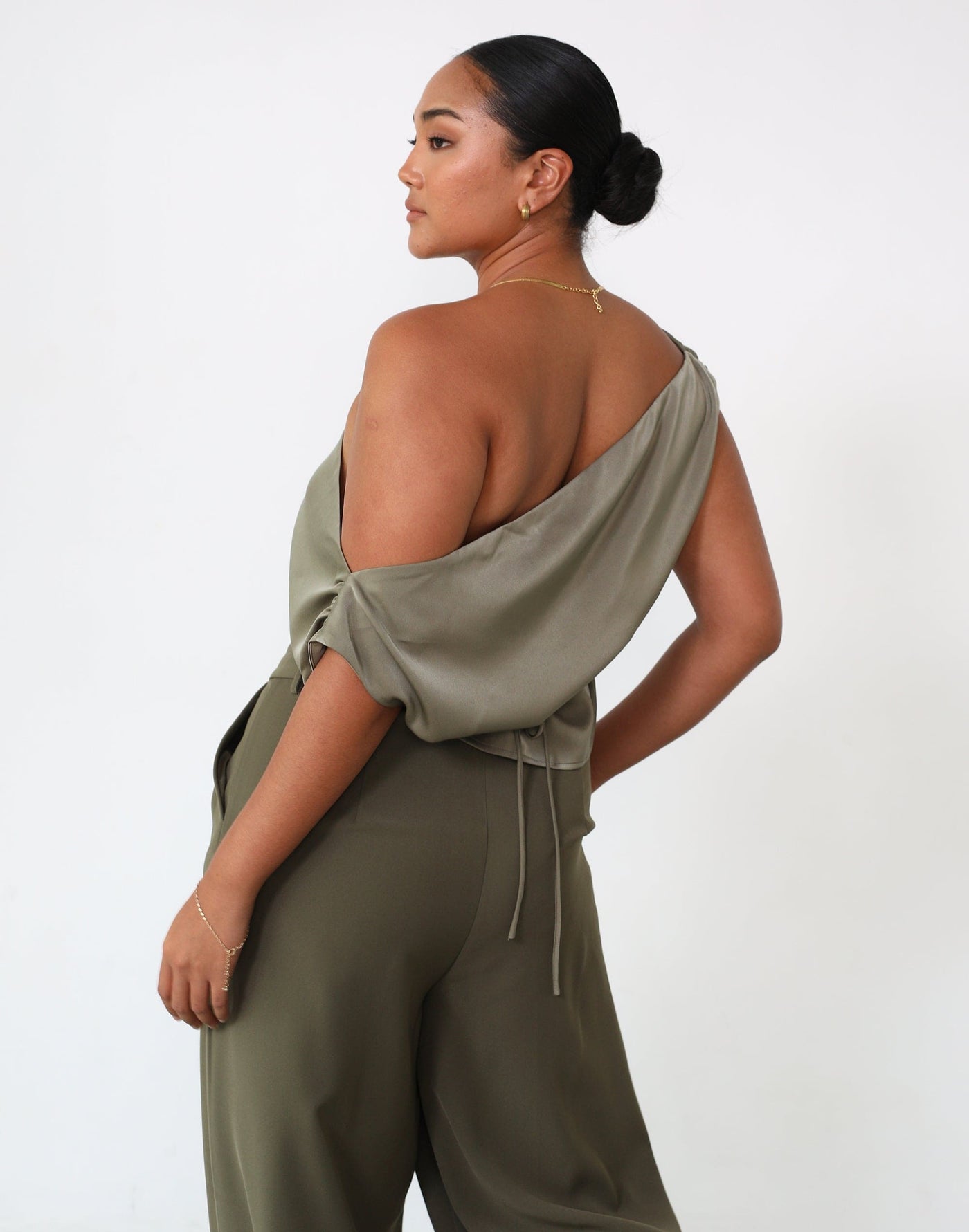 Viviana Top (Burnt Olive) - Satin Asymmetric Adjustable Waist Top - Women's Top - Charcoal Clothing