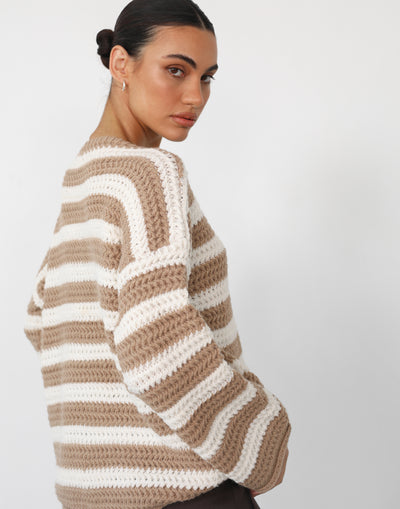 Everton Sweater (Beige/Cream) - Chunky Knit Oversized Striped Sweater - Women's Top - Charcoal Clothing