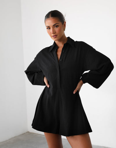 Take Your Time Playsuit (Black) - Linen Long Sleeve Playsuit - Women's Playsuit - Charcoal Clothing