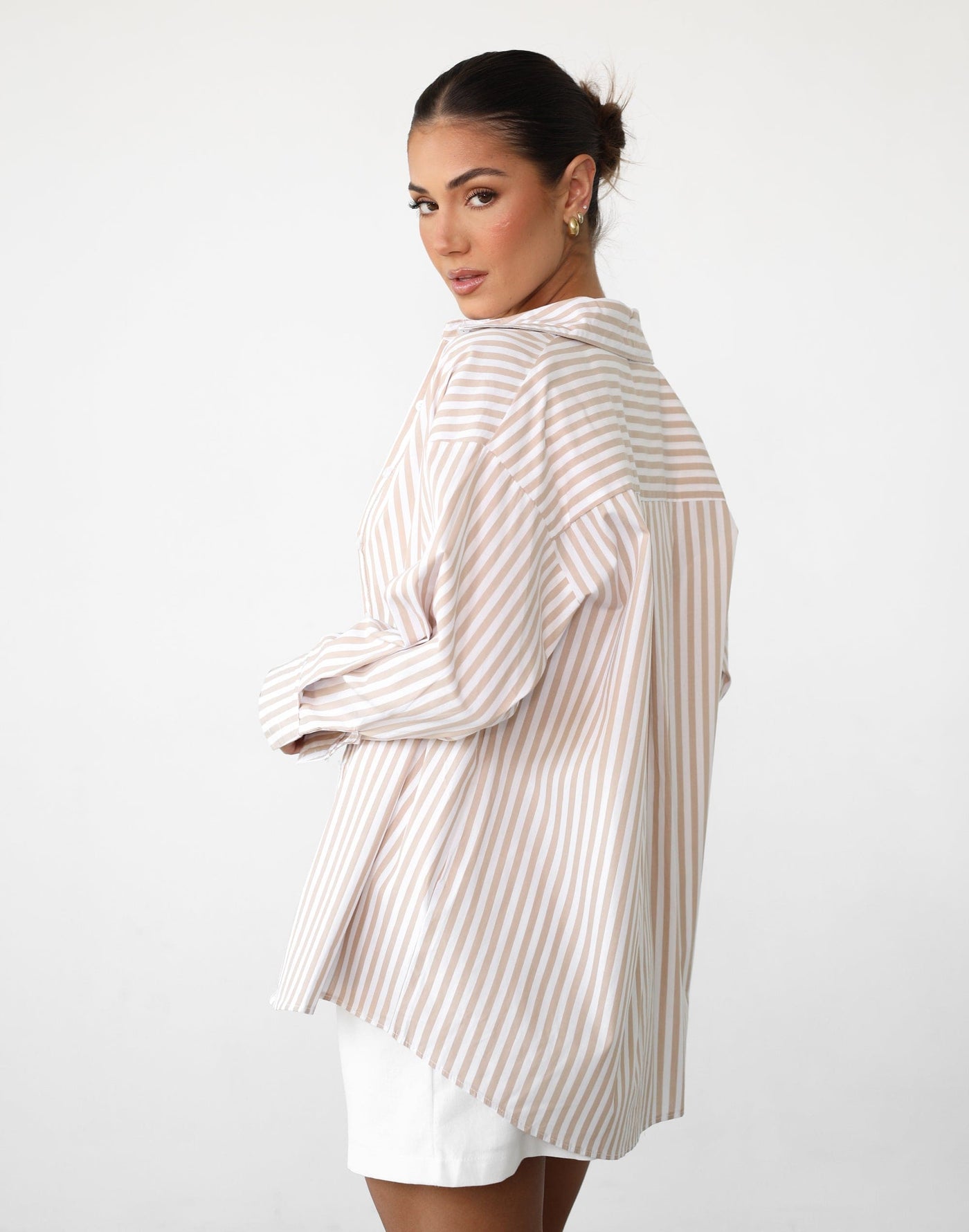 Deykotah Shirt (Beige Stripe) - Striped Long Sleeve Shirt - Women's Top - Charcoal Clothing