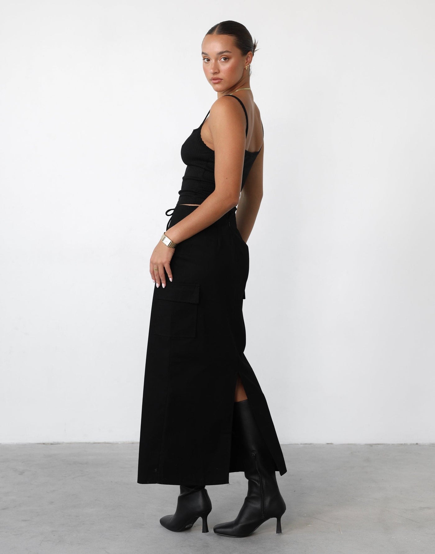 Not Now Maxi Skirt (Black) - Adjustable Waist Drawstring Cargo Maxi Skirt With Slit - Women's Skirt - Charcoal Clothing