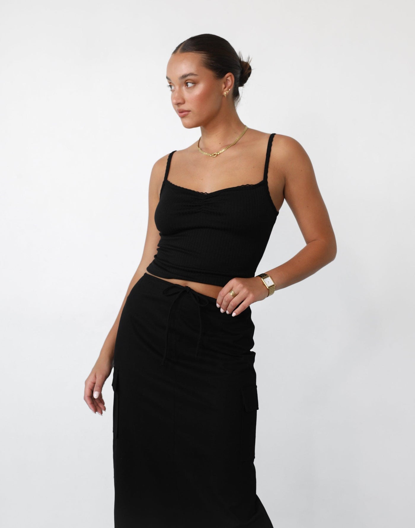 Not Now Maxi Skirt (Black) - Adjustable Waist Drawstring Cargo Maxi Skirt With Slit - Women's Skirt - Charcoal Clothing