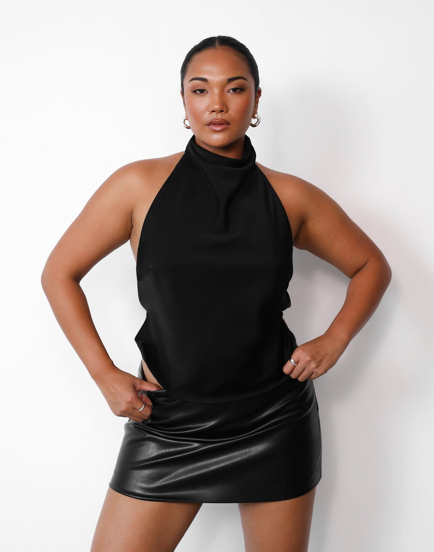 Clara Top (Black) | Charcoal Clothing Exclusive - High Neck Satin Backless Top - Women's Top - Charcoal Clothing