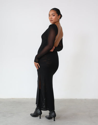 Luna Mesh Maxi Dress (Black) - Black Backless Mesh Maxi Dress - Women's Dress - Charcoal Clothing