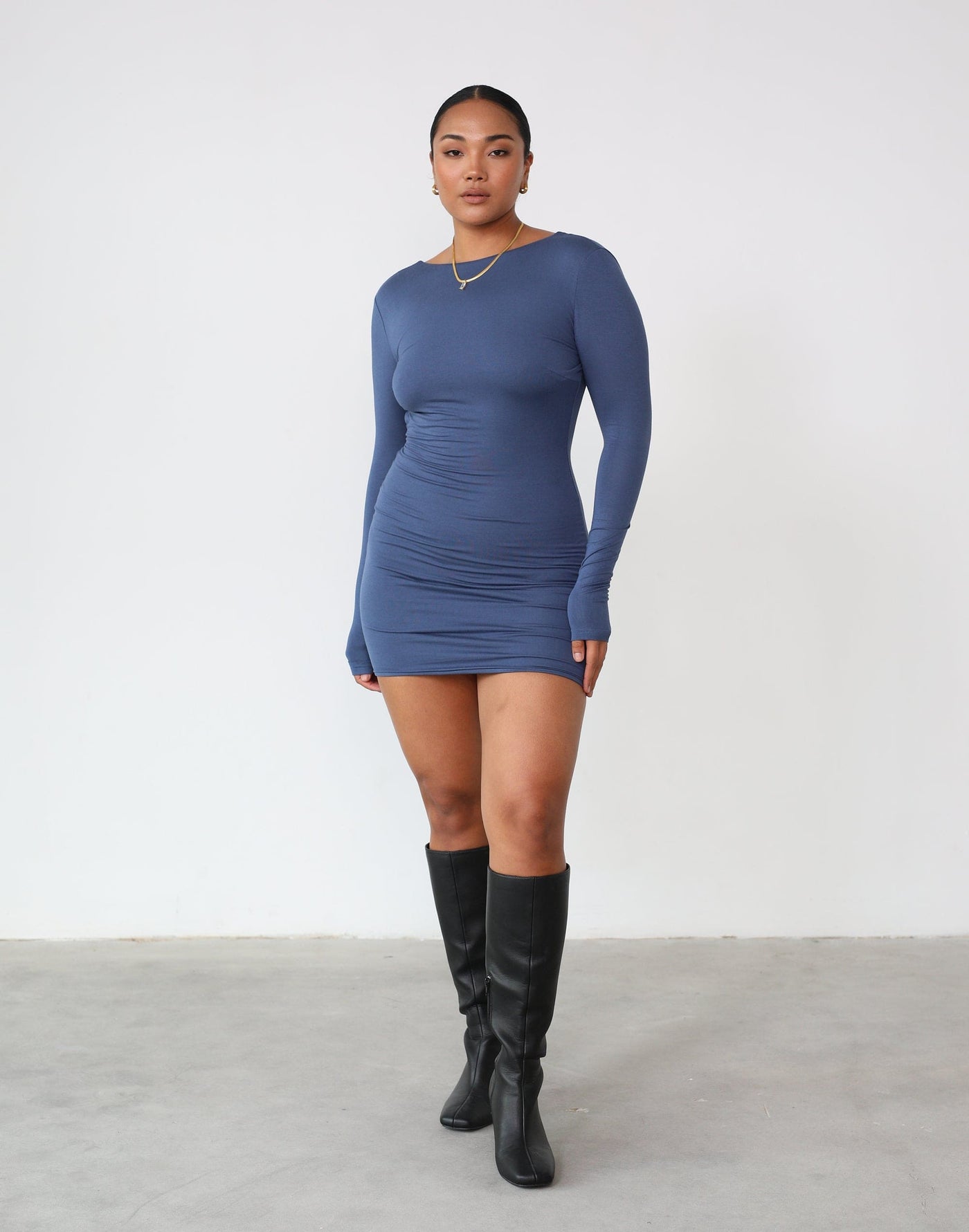Luna Long Sleeve Mini Dress (Storm Blue) - Backless Long Sleeve Mini Dress - Women's Dress - Charcoal Clothing