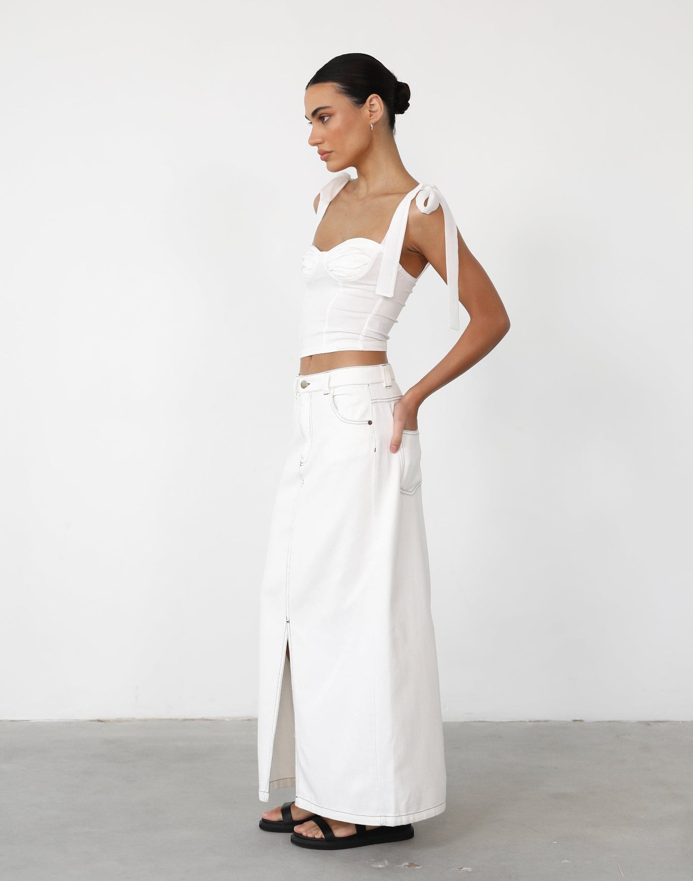 Kristie Denim Maxi Skirt (White) - Middle Split Denim Maxi Skirt - Women's Skirt - Charcoal Clothing