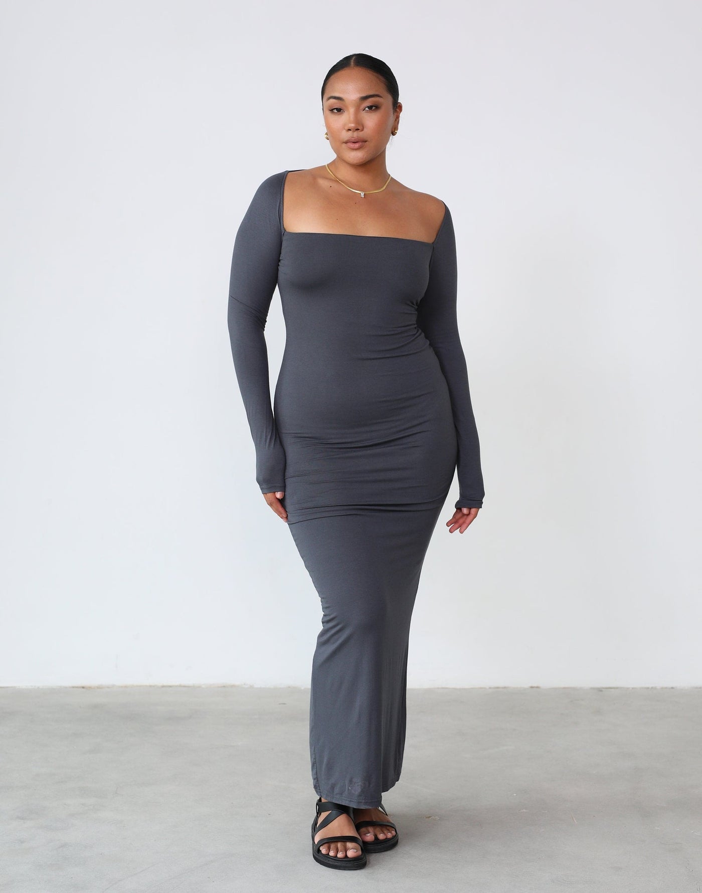 Eyes On Me Maxi Dress (Charcoal) - Long Sleeved Fitted Square Neck Maxi ...