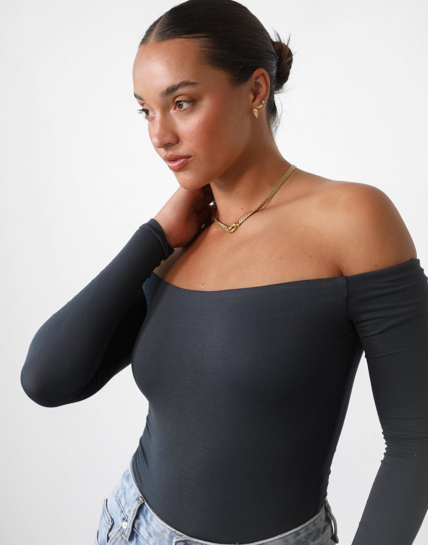 Iris Bodysuit (Charcoal) - Off-the-shoulder Long Sleeve Bodysuit - Women's Top - Charcoal Clothing