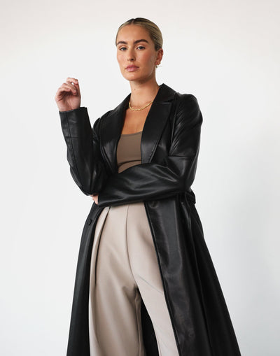 Blaze Trench Coat (Black PU) - Faux Leather Long Coat With Belt - Women's Outerwear - Charcoal Clothing