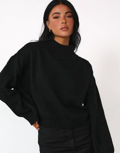 Aileen Jumper (Black) - High Neck Drop Shoulder Knit - Women's Top - Charcoal Clothing