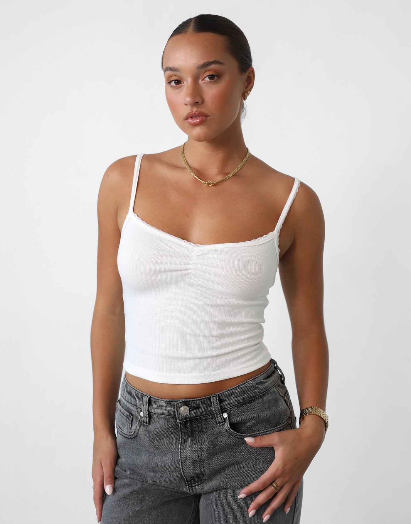 Meena Cami Top (White) - Ribbed Ruch Lace Detail Cami - Women's Top - Charcoal Clothing
