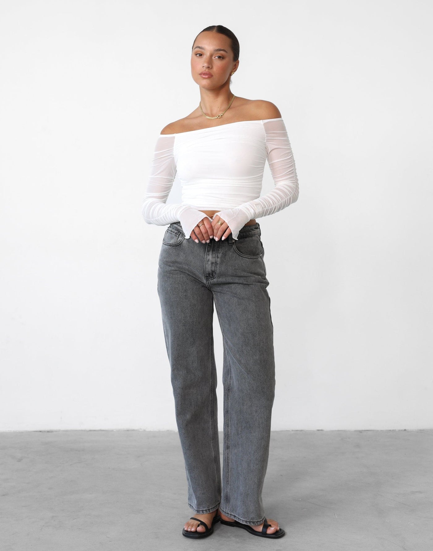 Kellie Long Sleeve Top (White) - Off Shoulder Mesh Sleeve Top - Women's Top - Charcoal Clothing