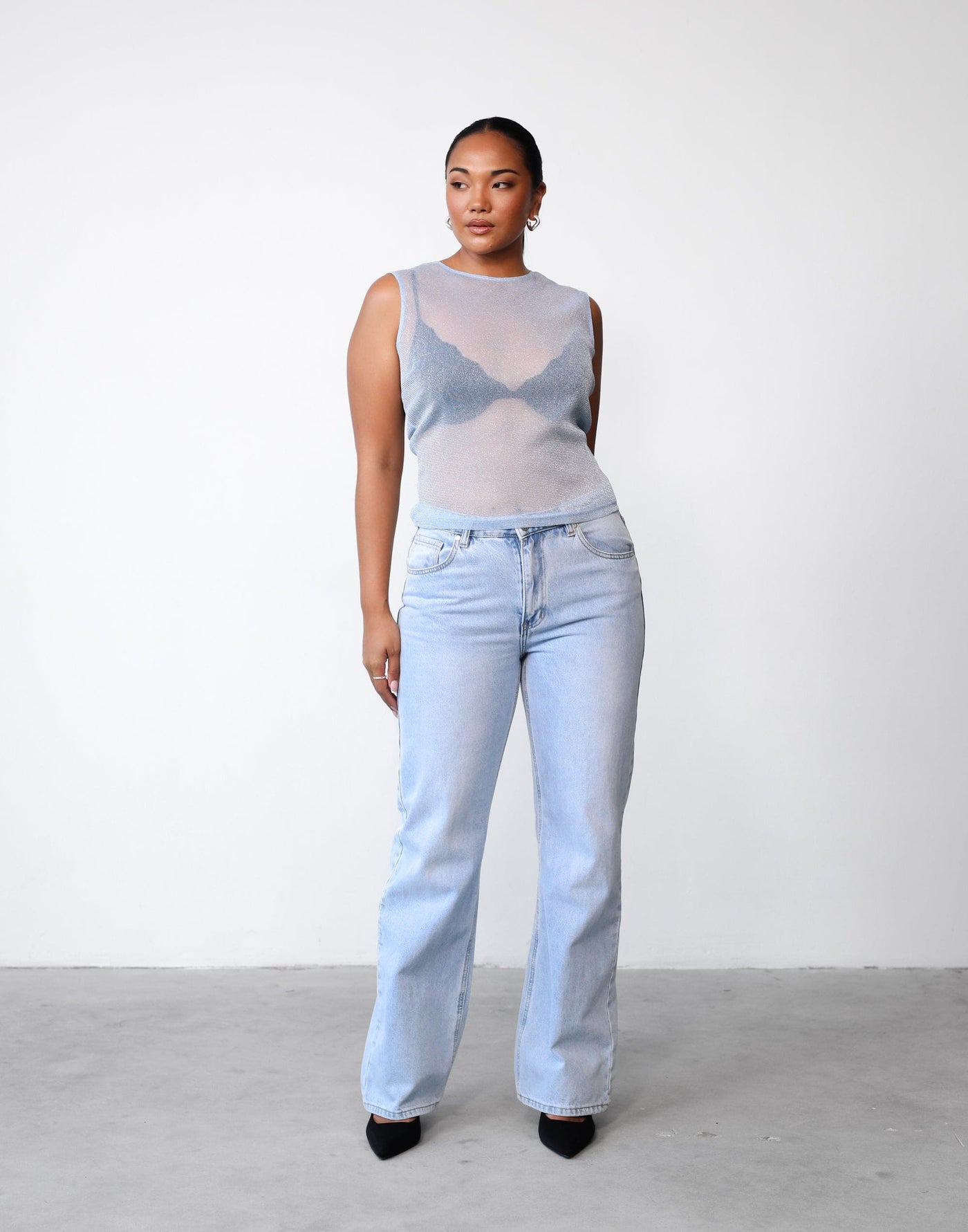 Mischa Mesh Tank (Ice Blue) | Charcoal Clothing Exclusive - Shimmer Detail Round Neckline Sheer Top - Women's Top - Charcoal Clothing