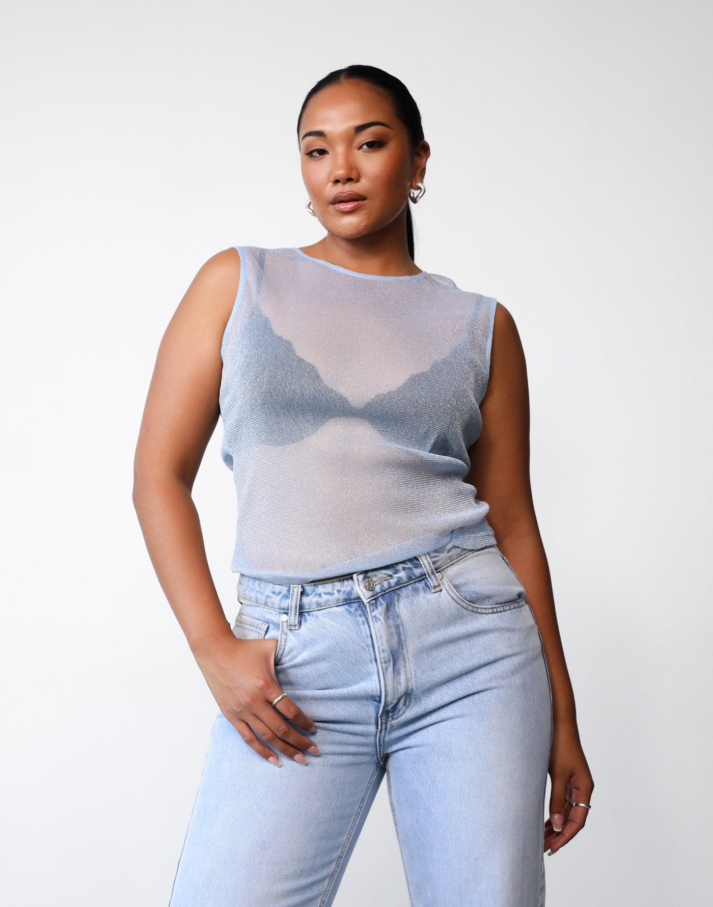 Mischa Mesh Tank (Ice Blue) | Charcoal Clothing Exclusive - Shimmer Detail Round Neckline Sheer Top - Women's Top - Charcoal Clothing
