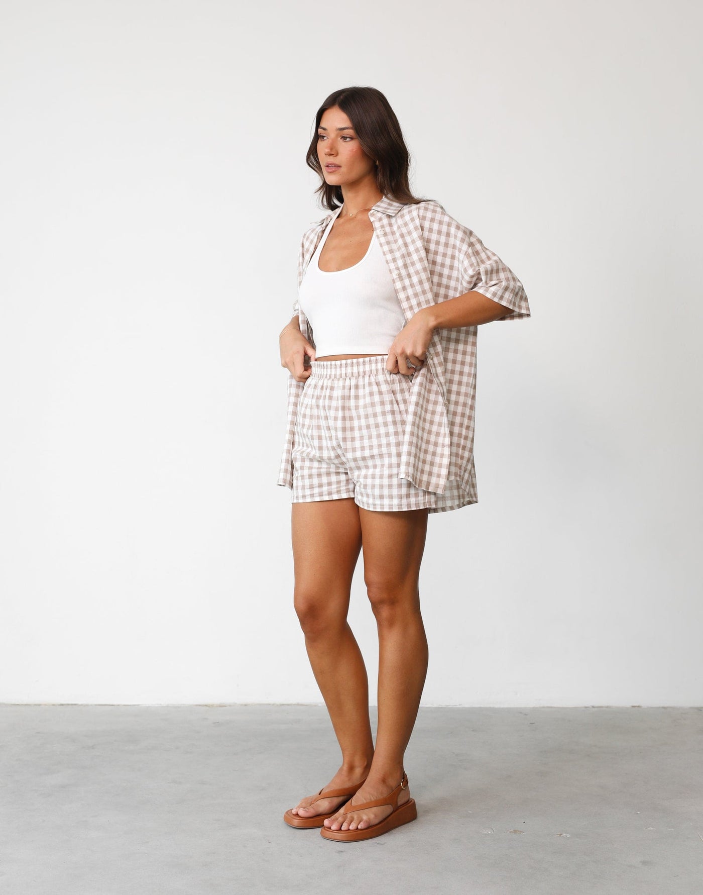 Camila Shorts (Beige Gingham) | Charcoal Clothing Exclusive - High Elasticated Waist Wide Leg Short - Women's Short - Charcoal Clothing