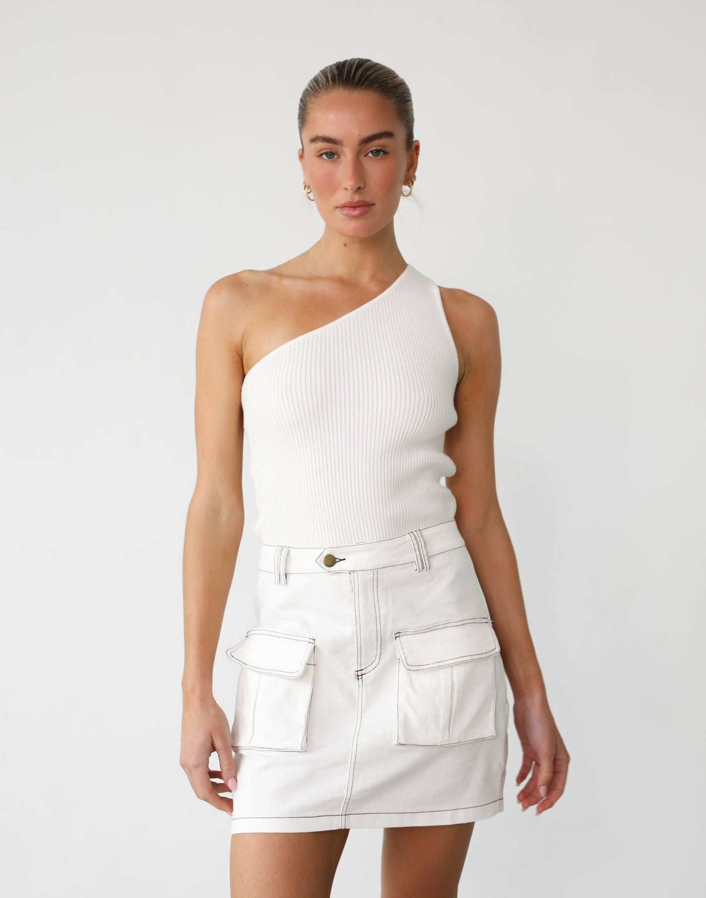 Riya Mini Skirt (White) - Pocket Detail High Waisted Mini Skirt - Women's Skirt - Charcoal Clothing