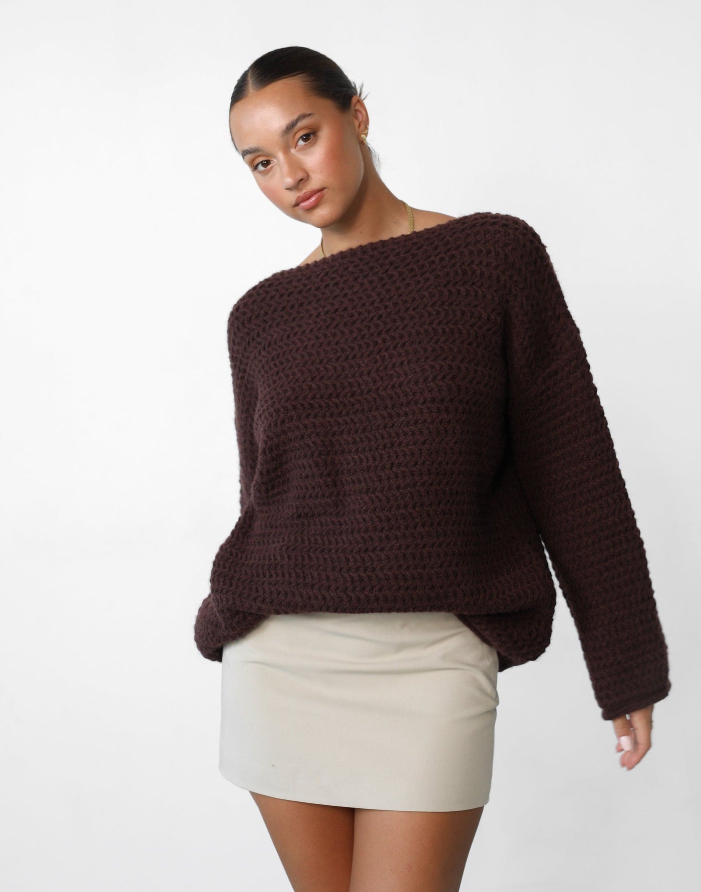 Everton Sweater (Chocolate) - Chunky Knit Oversized Sweater - Women's Top - Charcoal Clothing