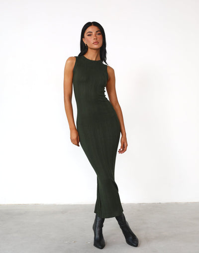 Hunter Maxi Dress (Moss) - Dark Green High Neck Textured Maxi - Women's Dress - Charcoal Clothing