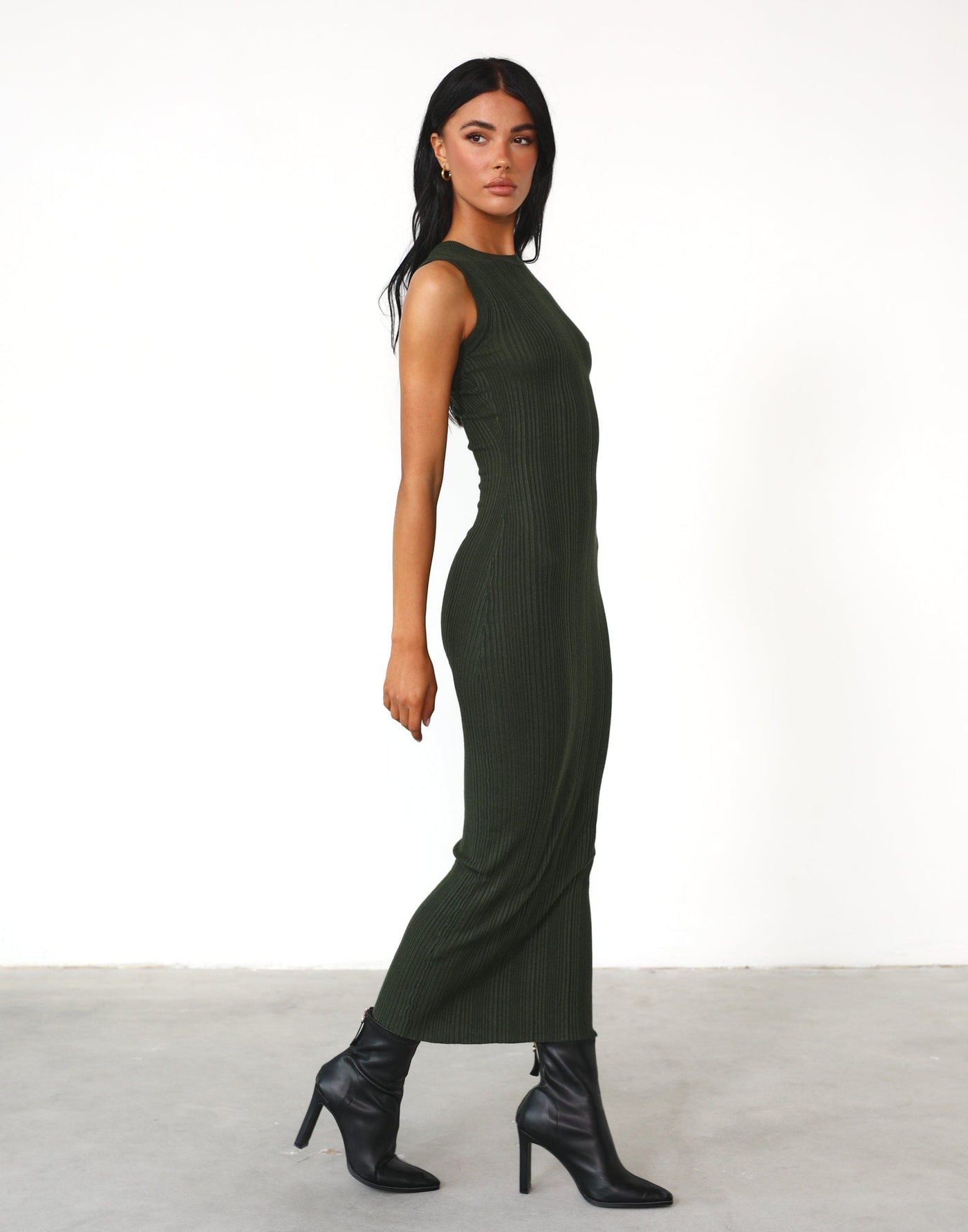 Hunter Maxi Dress (Moss) - Dark Green High Neck Textured Maxi - Women's Dress - Charcoal Clothing