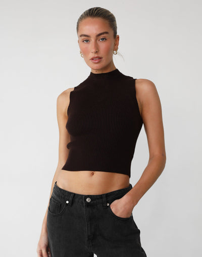 Nate Knit Tank Top (Chocolate) - High Neck Soft Knit Top - Women's Top - Charcoal Clothing