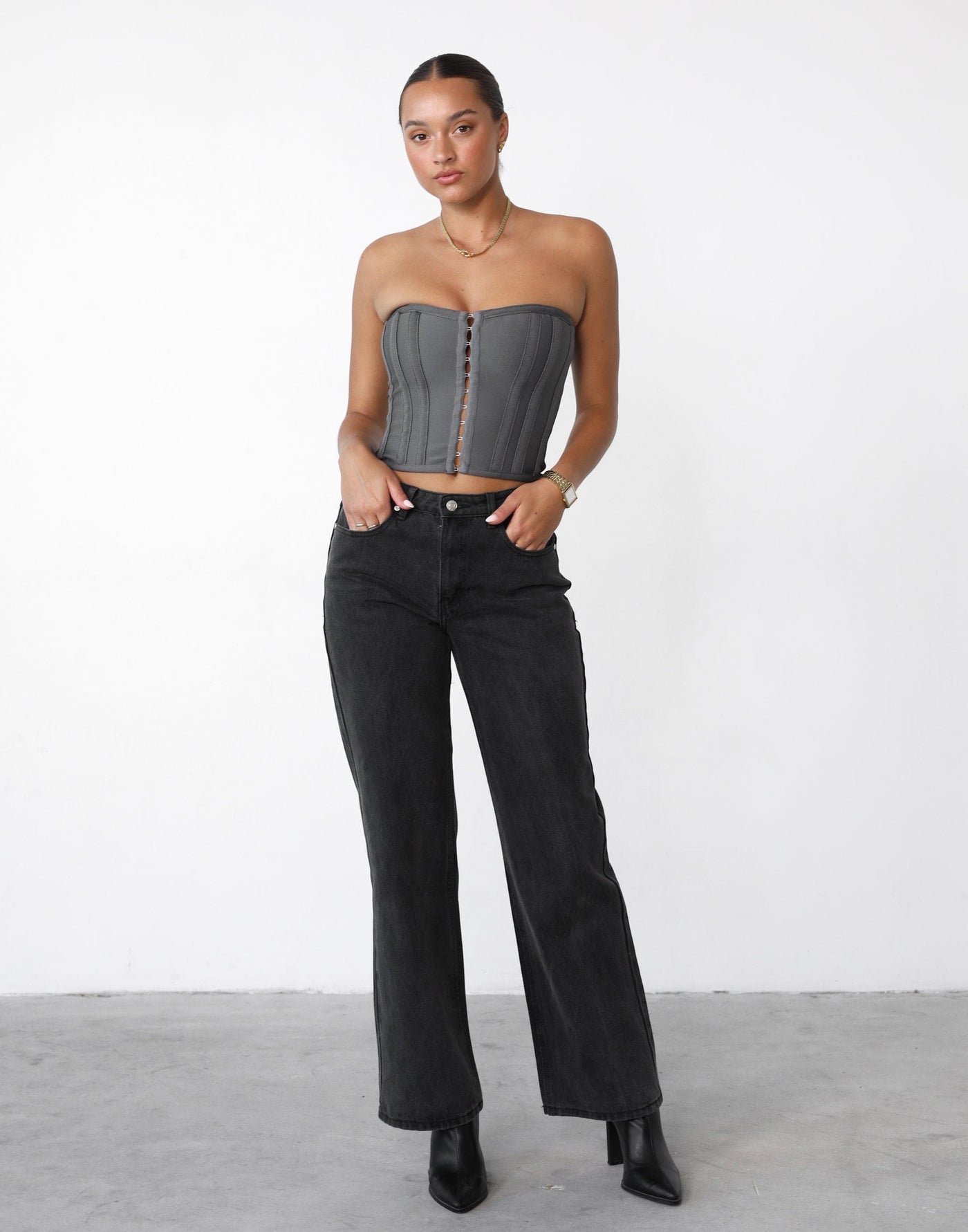 Passion Corset Top (Slate) - Cropped Fitted Corset Top - Women's Top - Charcoal Clothing