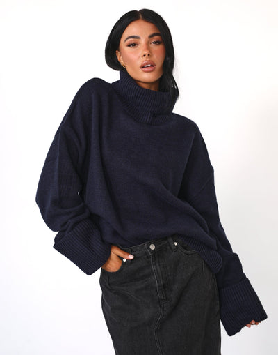 Heath Knit Jumper (Navy) - High Turtle Neck Thick Knit Jumper - Women's Top - Charcoal Clothing