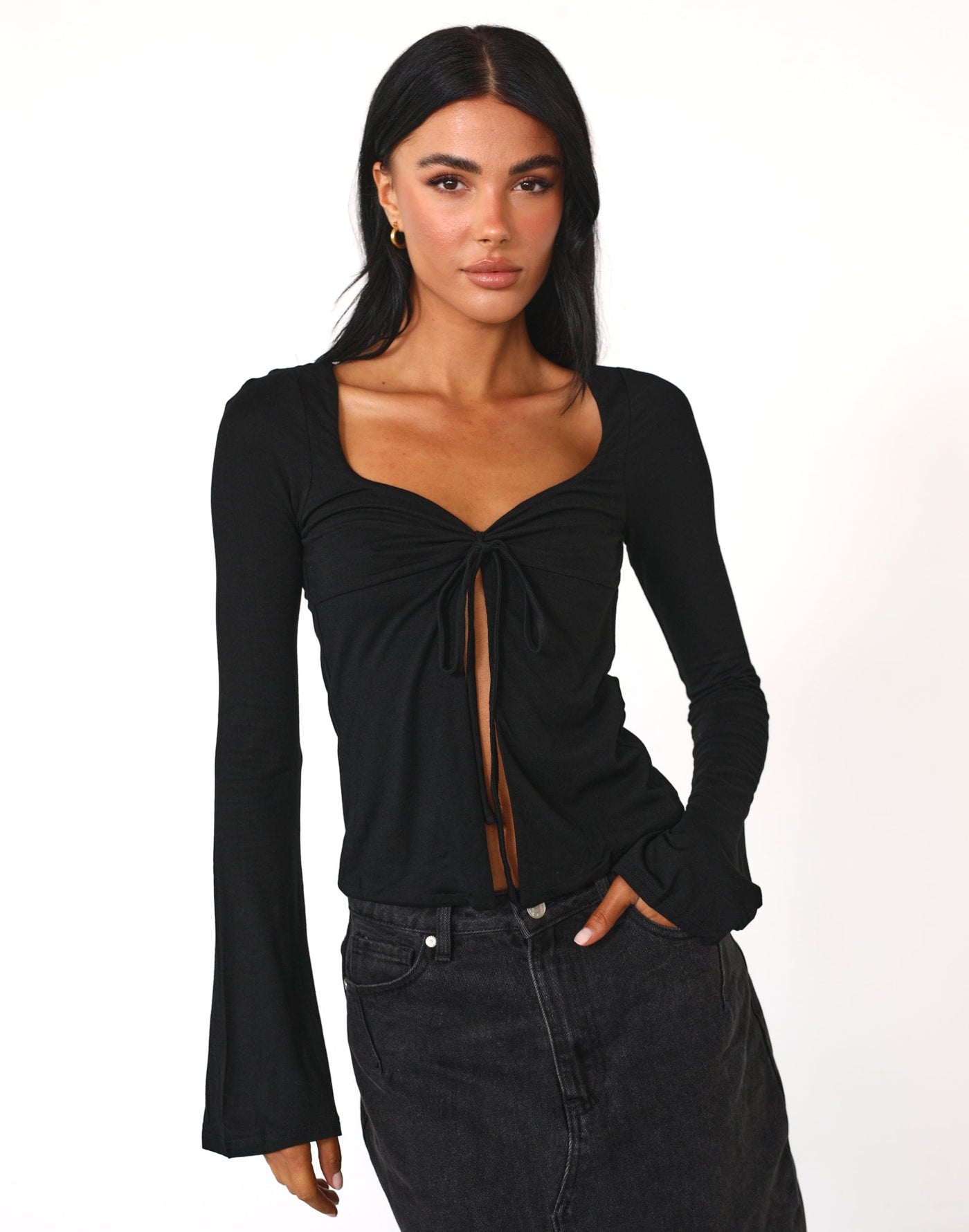 Lalela Top (Black) - Long Sleeve Tie-up Front Top - Women's Top - Charcoal Clothing