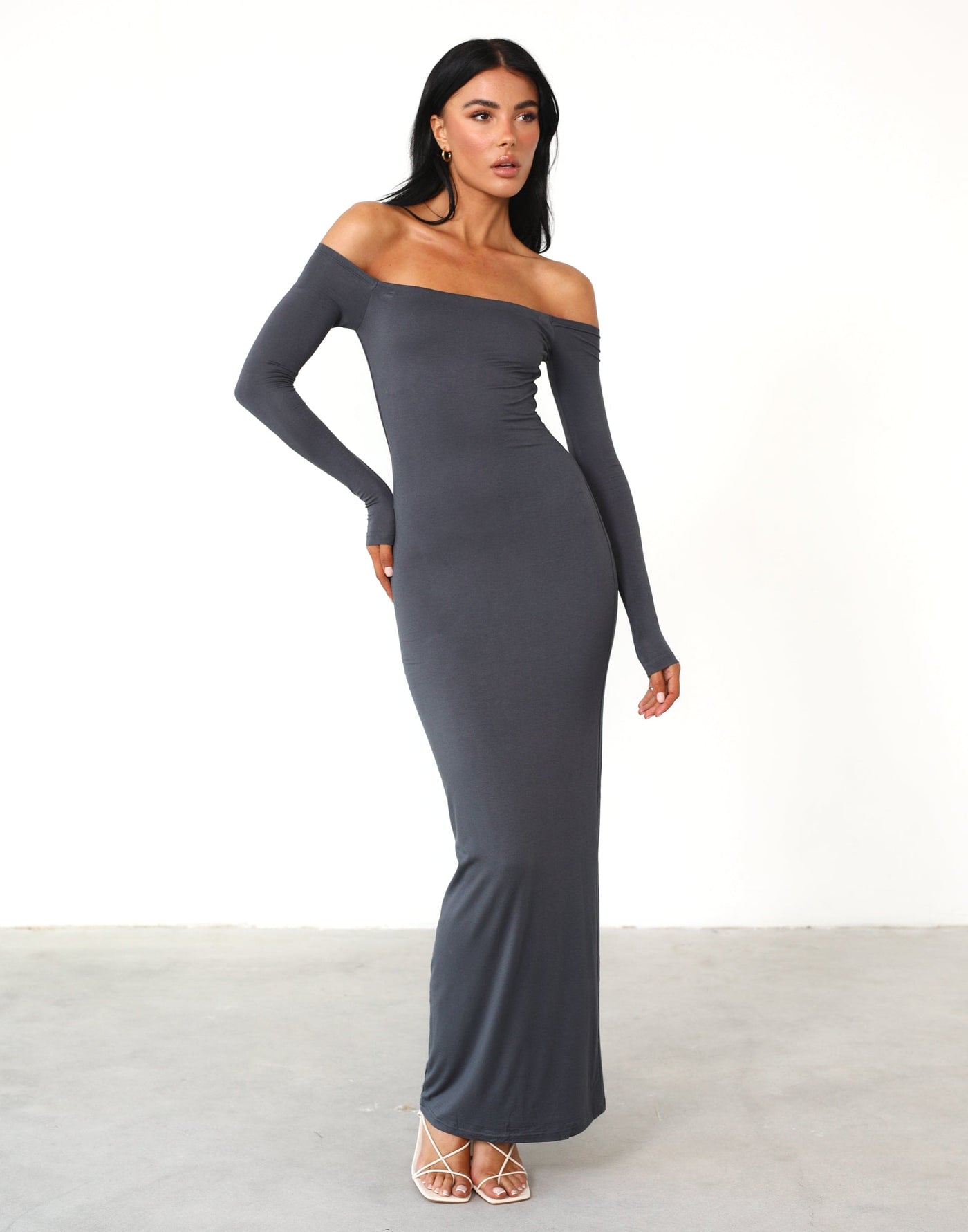 Iris Maxi Dress (Charcoal) - Off-the-shoulder Long Sleeve Maxi Dress - Women's Dress - Charcoal Clothing