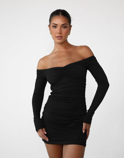 Josephine Mini Dress (Black) - Ruched Gathered Off Shoulder Long SleeveMini - Women's Dress - Charcoal Clothing