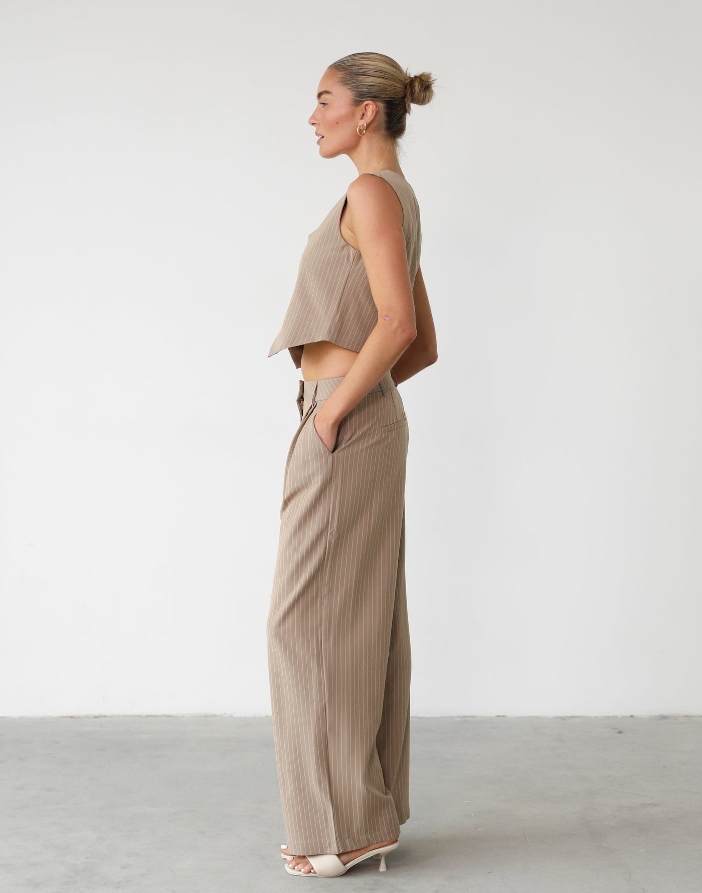 Tiffanie Vest (Beige Pinstripe) - Beige Pinstripe Vest - Women's Top - Charcoal Clothing