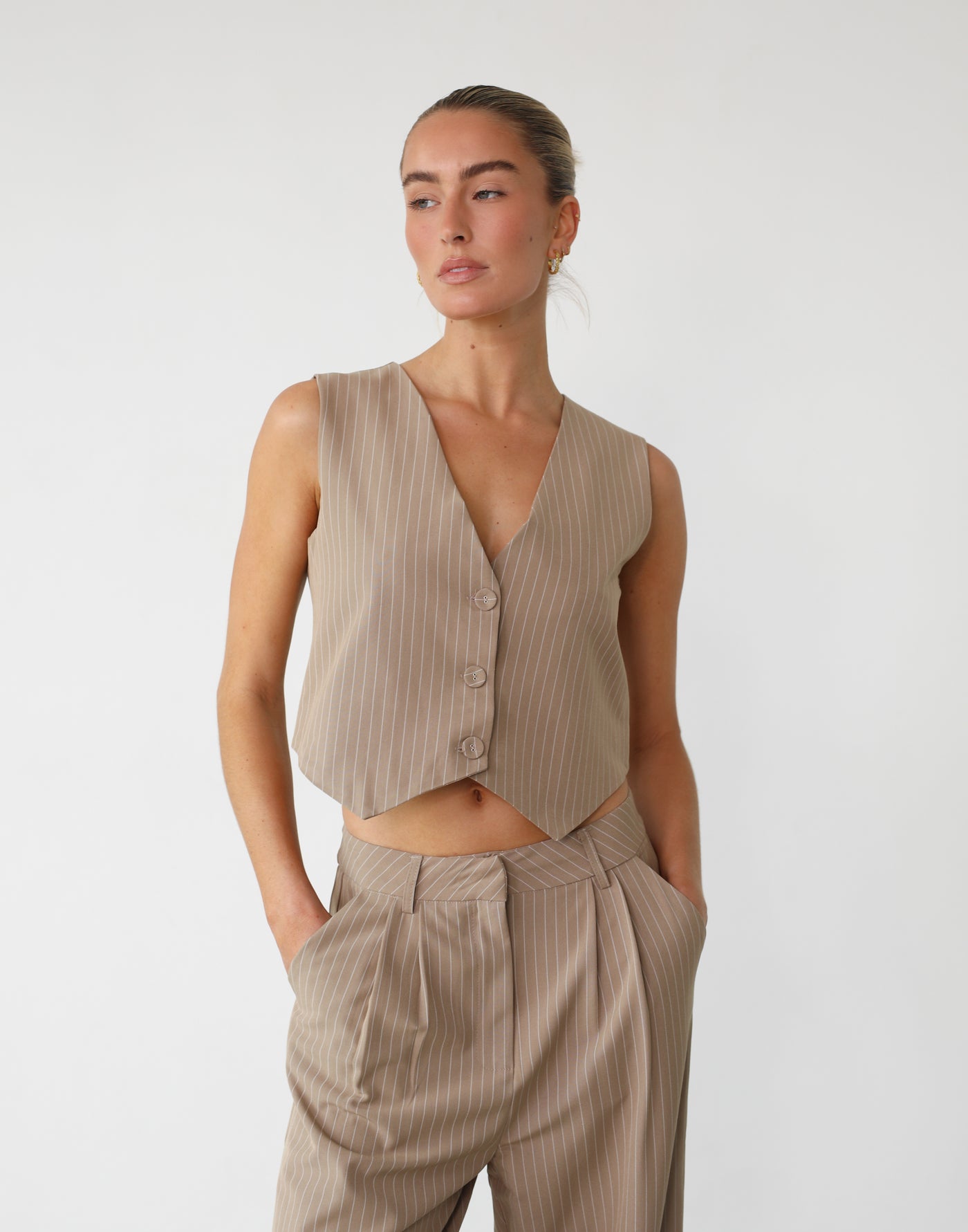 Tiffanie Vest (Beige Pinstripe) - Beige Pinstripe Vest - Women's Top - Charcoal Clothing