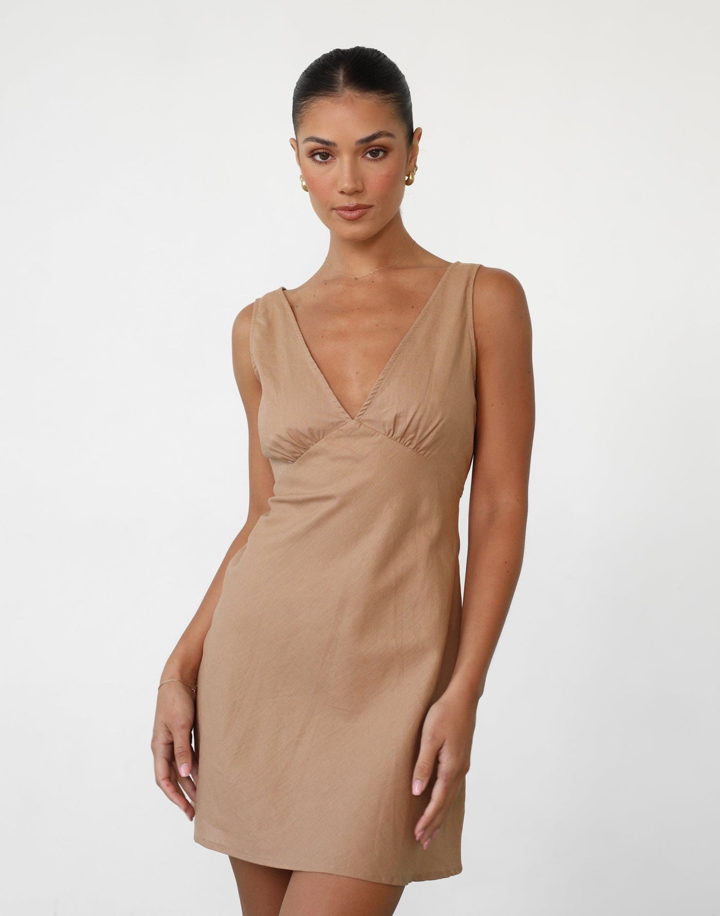 Daydream Mini Dress (Camel) | V Neck Mini Dress - Women's Dress - Charcoal Clothing