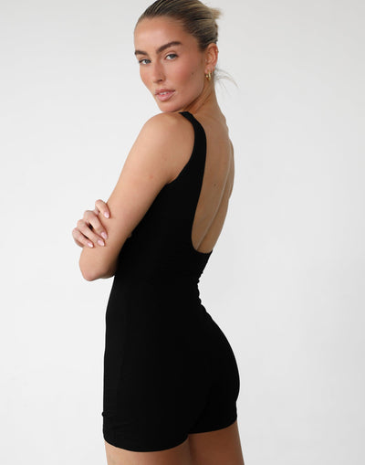 Amazia Playsuit (Black) - Low Back Scoop Neckline Bodycon Playsuit - Women's Playsuit - Charcoal Clothing
