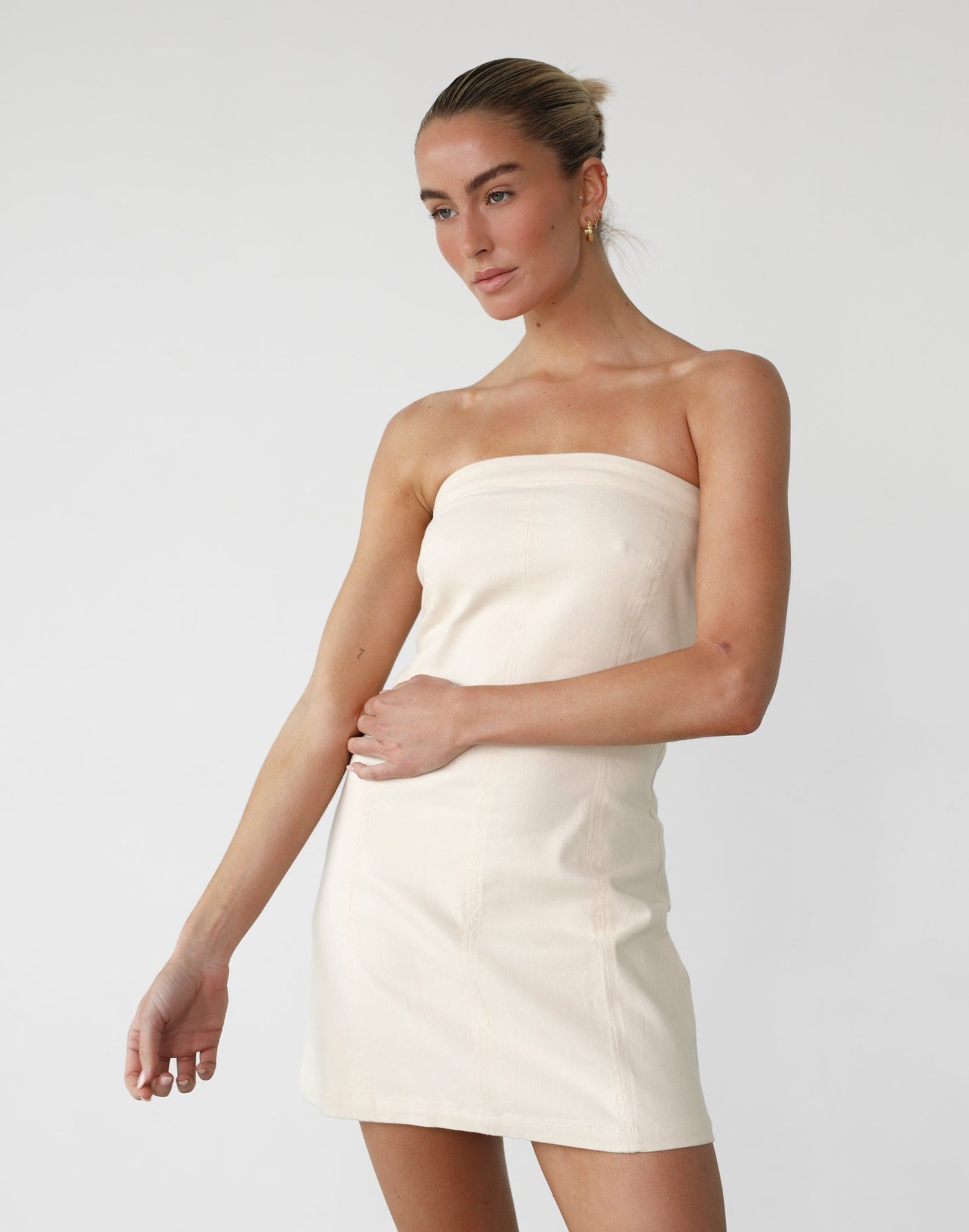 Lynden Mini Dress (Oat) -Strapless A-line Mini Dress - Women's Dress - Charcoal Clothing
