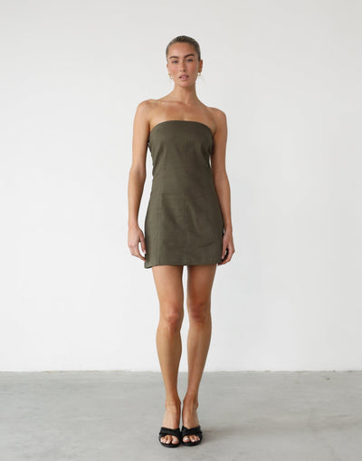 Lynden Mini Dress (Olive) -Strapless A-line Mini Dress - Women's Dress - Charcoal Clothing