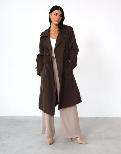 Amelie Trench Coat (Chocolate) - Collared Cuffed Sleeve Trench - Women's Outerwear - Charcoal Clothing