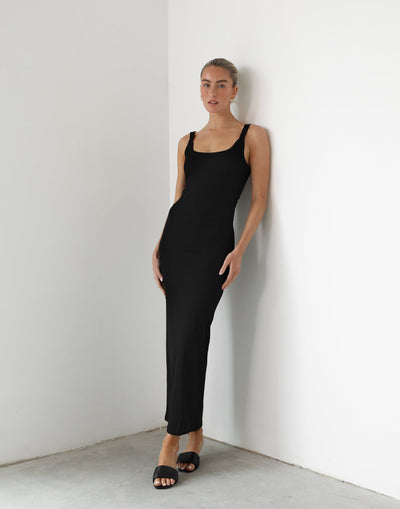 Skyler Maxi Dress (Black) - Scoop Neck Ribbed Bodycon Maxi - Women's Dress - Charcoal Clothing