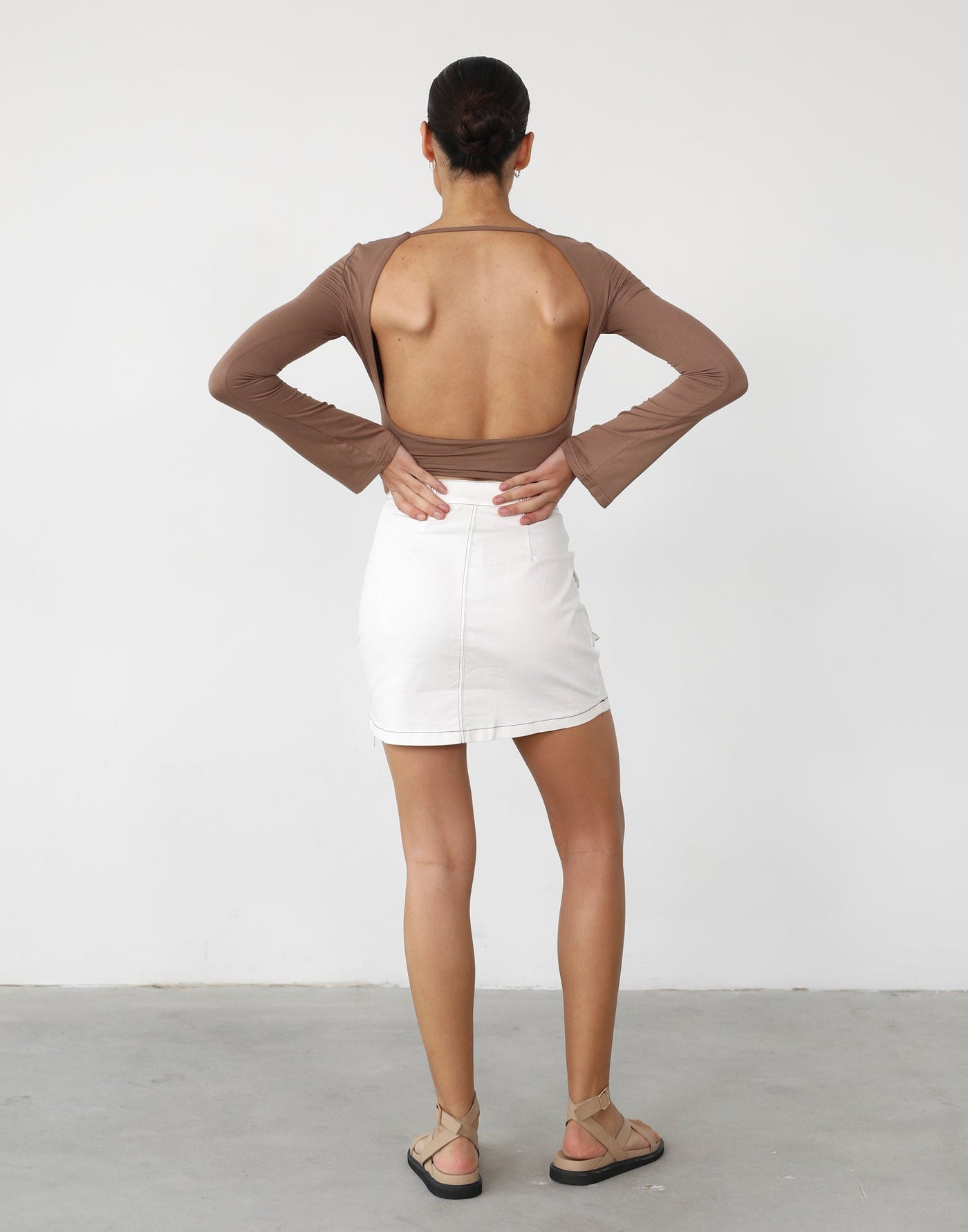 Danika Long Sleeve Top (Mocha) - Mocha Long Sleeve Open Back Top - Women's Top - Charcoal Clothing