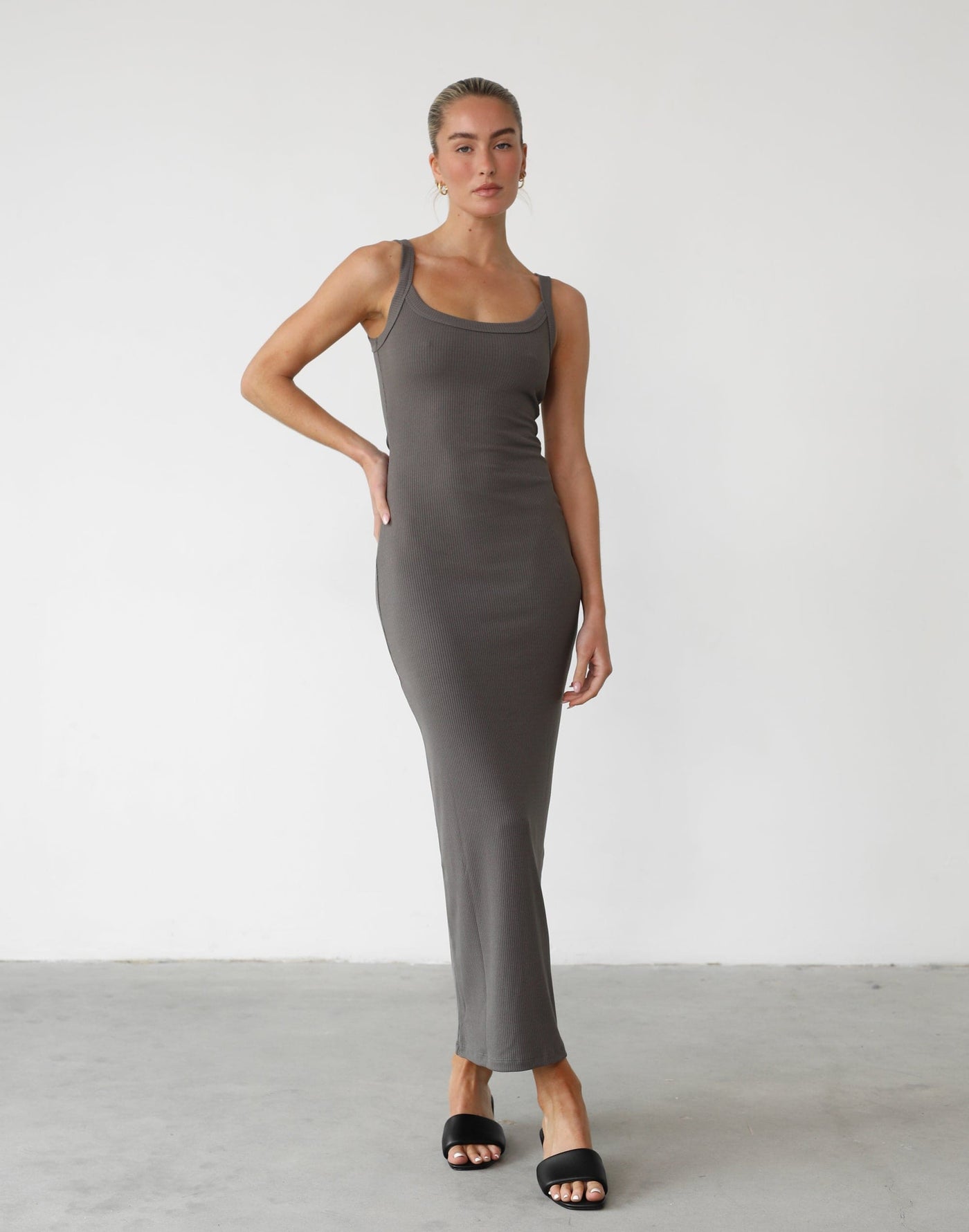 Skyler Maxi Dress (Slate) - Scoop Neckline Ribbed Bodycon Maxi - Women's Dress - Charcoal Clothing