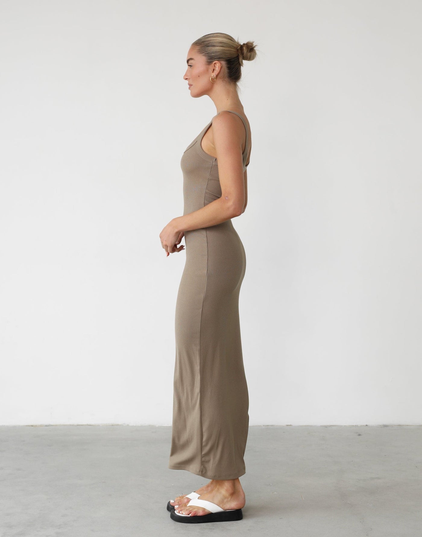 Skyler Maxi Dress (Latte) - Scoop Neck Ribbed Bodycon Maxi - Women's Dress - Charcoal Clothing