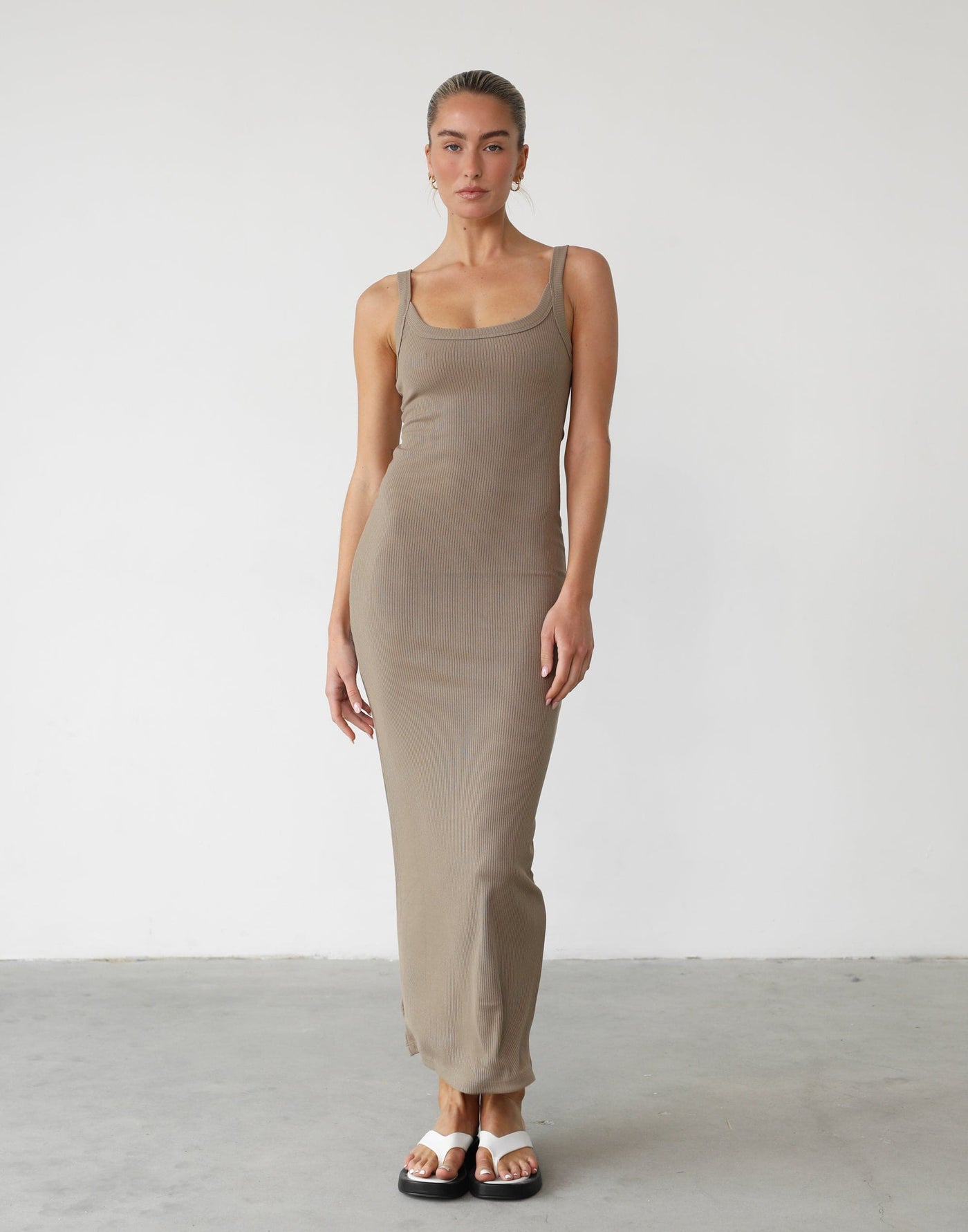 Skyler Maxi Dress (Latte) - Scoop Neck Ribbed Bodycon Maxi - Women's Dress - Charcoal Clothing